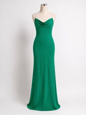 Aidan Mattox Cowl Neck Crepe Sheath Gown Pearl Strap Evening Dress Green 4 NWT